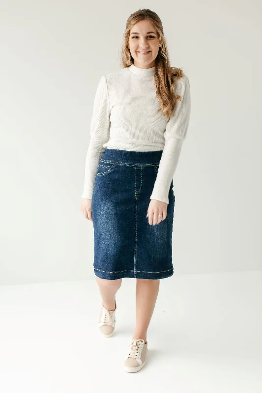 'Sara' Classic Knee Length Dark Denim Skirt 21"" FINAL SALE