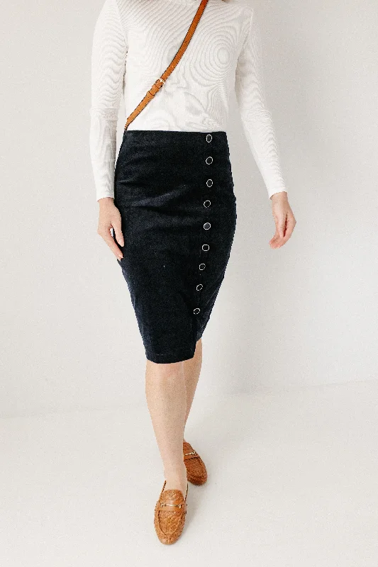 'Diana' Side Button Corduroy Skirt in Navy