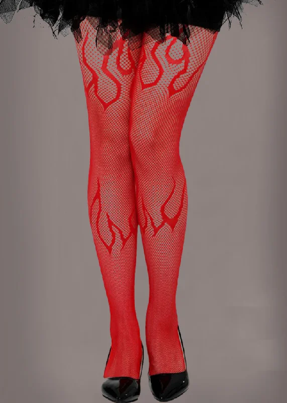 On Fire Red Flames Fishnet Tights