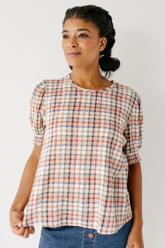 'Judith' Multi Color Gingham Smocked Sleeve Top FINAL SALE