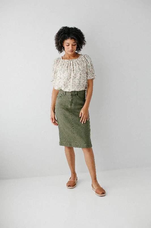 'Leah' Stretch Denim Skirt in Olive