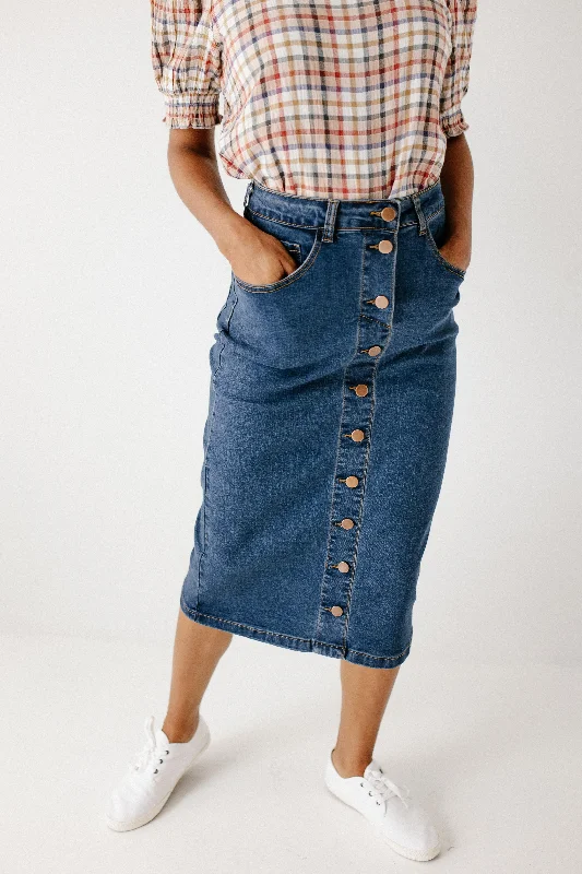 'Leanne' Button Down Denim Midi Skirt in Dark Wash FINAL SALE