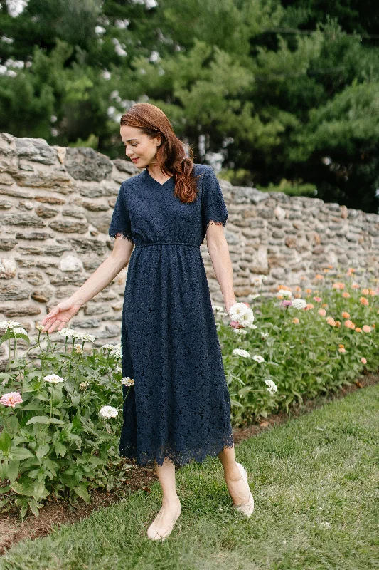 'Odessa' Lace Tea Length Dress in Navy FINAL SALE