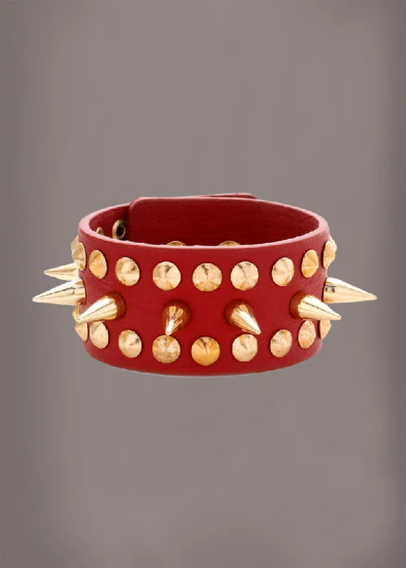 Red Spike Studded Leather Bracelet