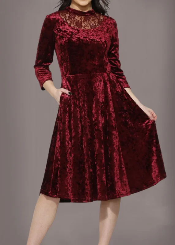 Red Velvet Gothic Dress with Lace Details