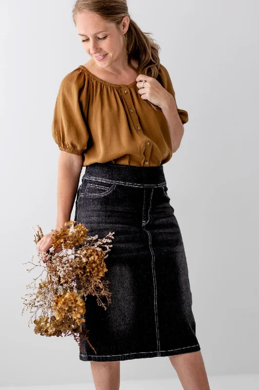 'Sara' Classic Knee Length Denim Skirt in Vintage Black FINAL SALE