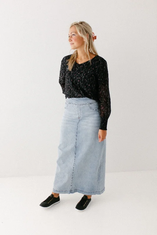 'Sara' Classic Long Denim Skirt Light Wash