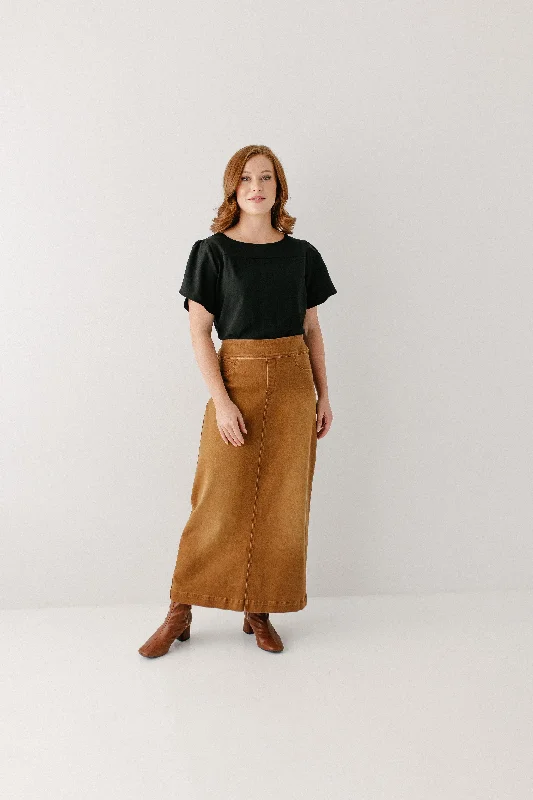 'Sara' Long Stretch Denim Skirt in Camel