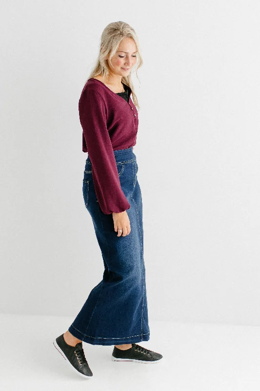 'Sara' Classic Long Denim Skirt Dark Wash