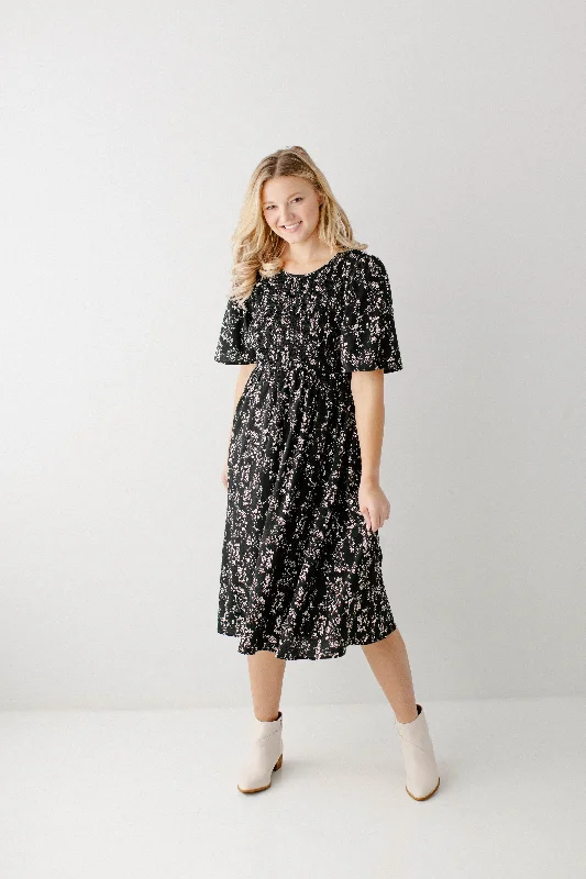 'Windsor' Smocked Bodice Floral Dress in Black