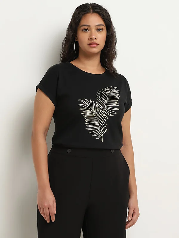 Gia Black Cotton Leaf Design T-Shirt