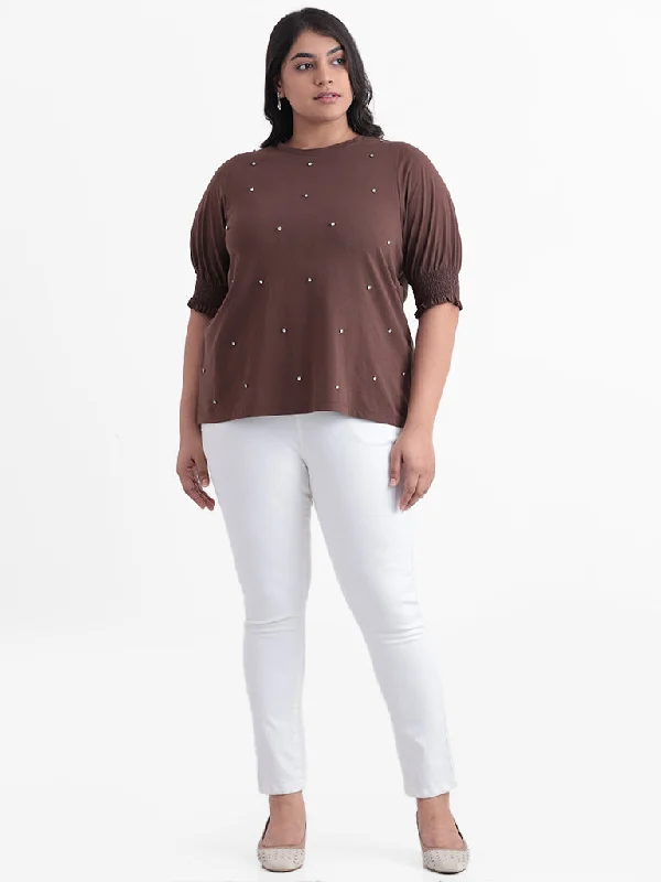 Gia Brown Embroidered Relaxed-Fit T-Shirt