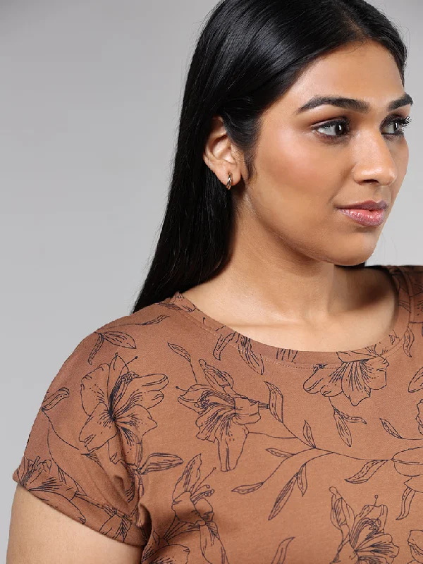 Gia Brown Floral Printed Cotton T-Shirt