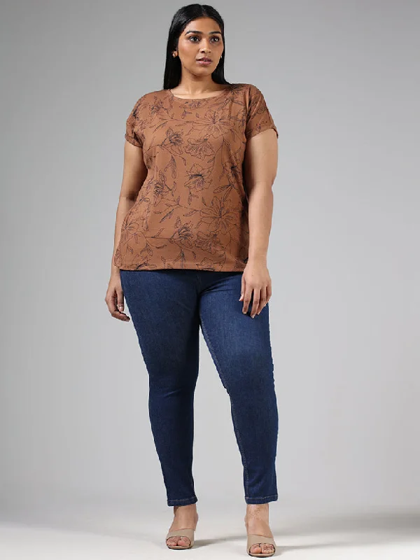 Gia Brown Floral Printed Cotton T-Shirt