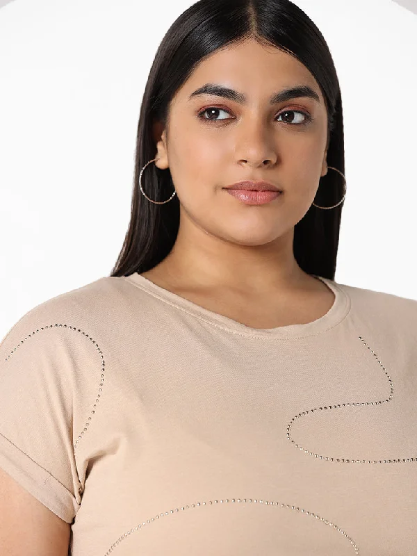 Gia Button Patterned Light Beige Cotton T-Shirt