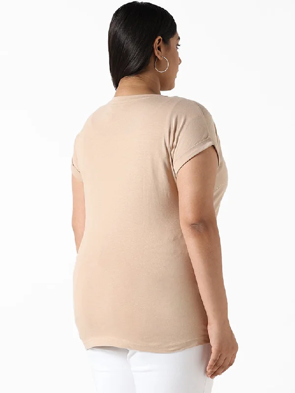 Gia Button Patterned Light Beige Cotton T-Shirt