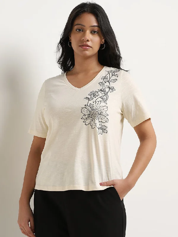 Gia Cream Floral Embroidered Cotton T-Shirt