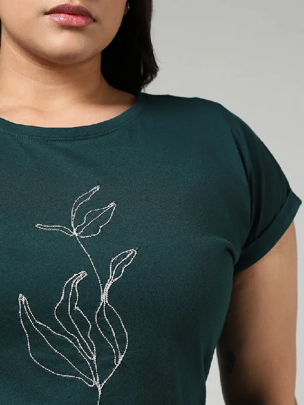 Gia Emerald Green Leaf Embellished Cotton T-Shirt