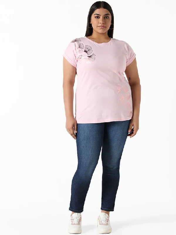 Gia Leaf Printed Pink Cotton T-Shirt