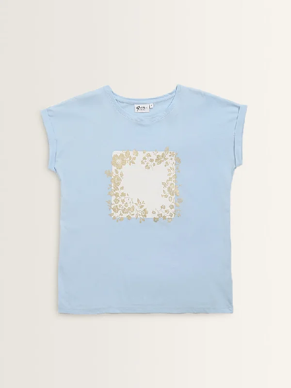 Gia Light Blue Floral Printed Cotton T-Shirt