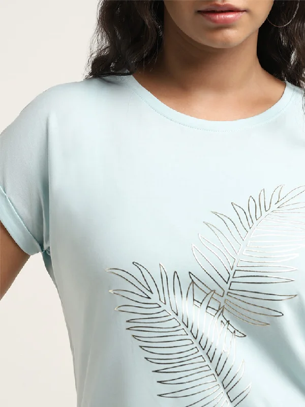 Gia Light Blue Leaf Printed Cotton T-Shirt