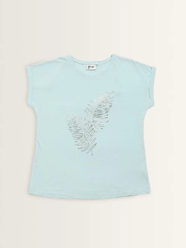 Gia Light Blue Leaf Printed Cotton T-Shirt