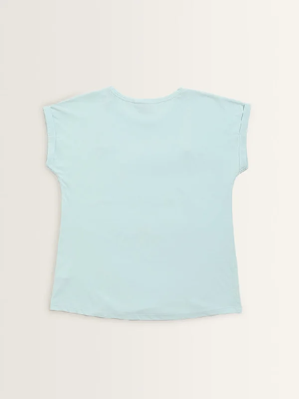 Gia Light Blue Leaf Printed Cotton T-Shirt