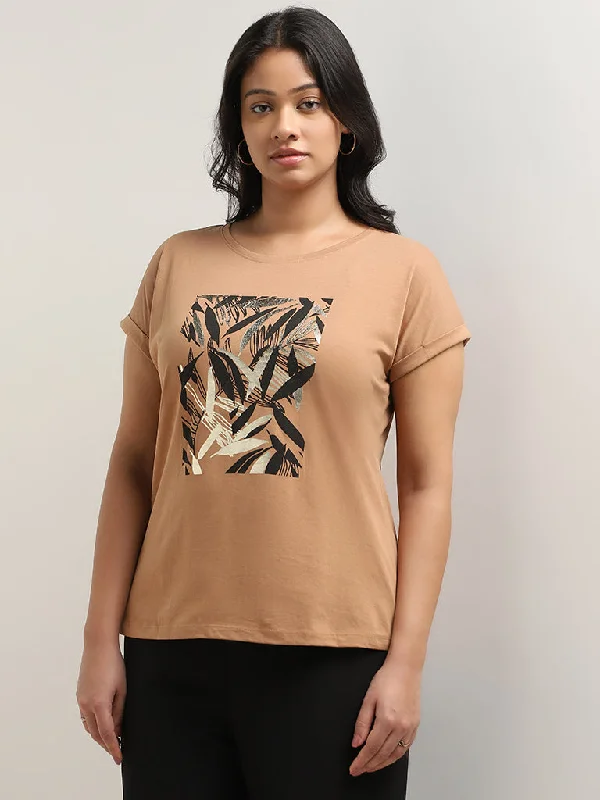 Gia Light Brown Leaf Design Cotton T-Shirt