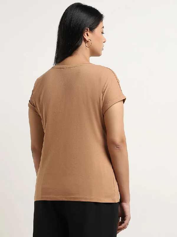 Gia Light Brown Leaf Design Cotton T-Shirt