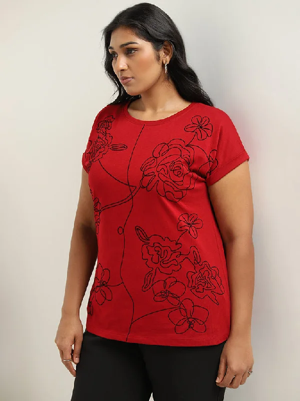 Gia Red Floral Pattern Cotton T-Shirt