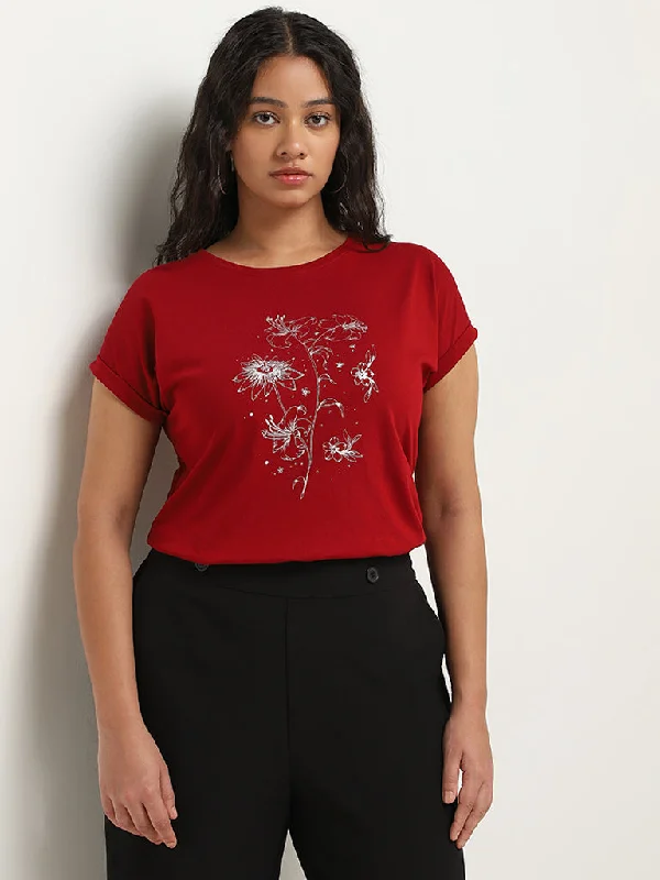 Gia Red Floral Printed Cotton T-Shirt