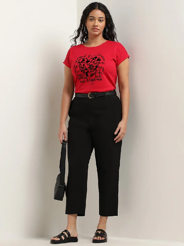 Gia Red Text Printed Cotton T-Shirt