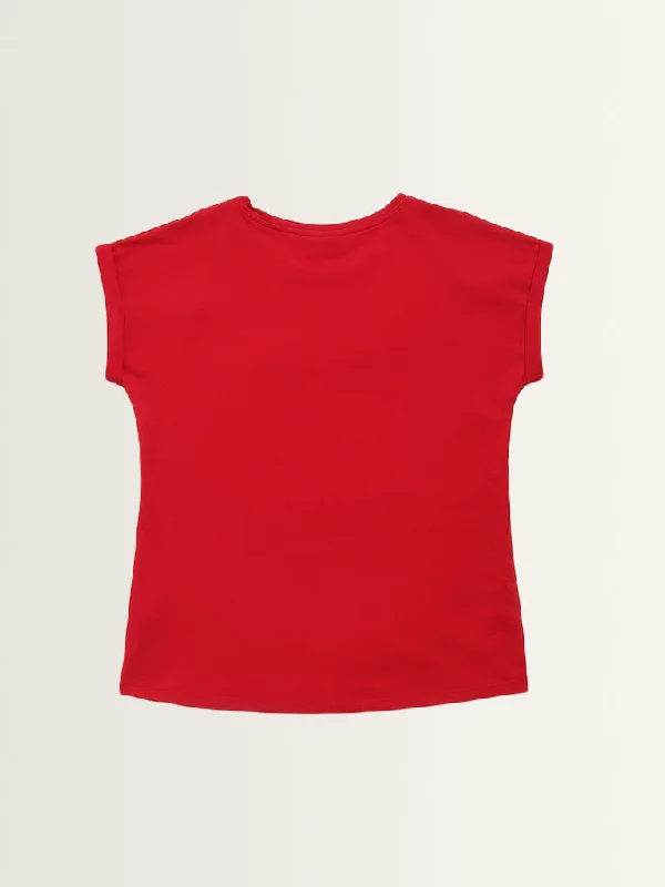 Gia Red Text Printed Cotton T-Shirt