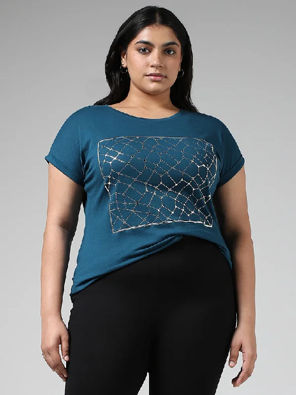 Gia Stud Embellished Teal Cotton T-Shirt