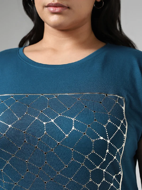 Gia Stud Embellished Teal Cotton T-Shirt