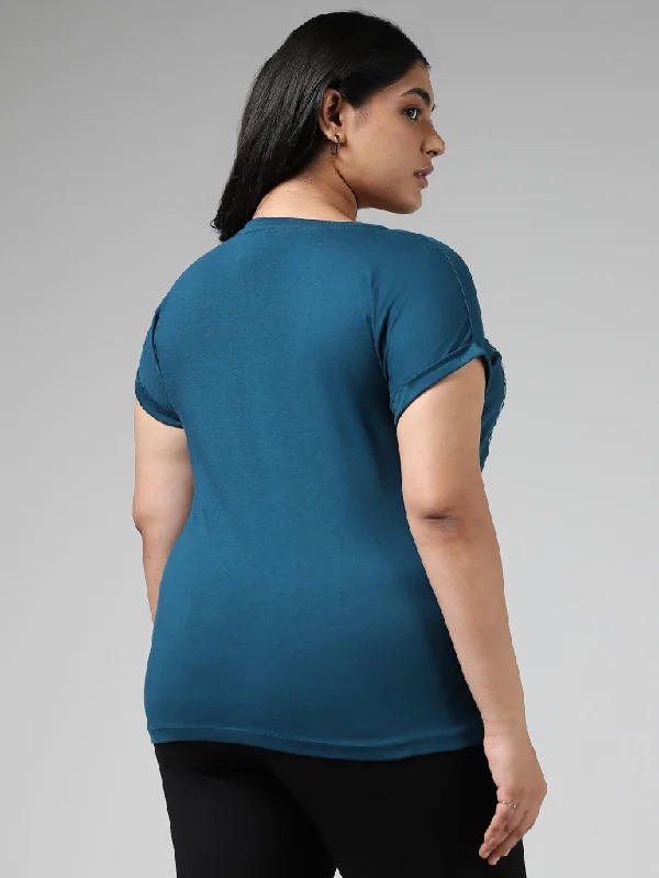 Gia Stud Embellished Teal Cotton T-Shirt