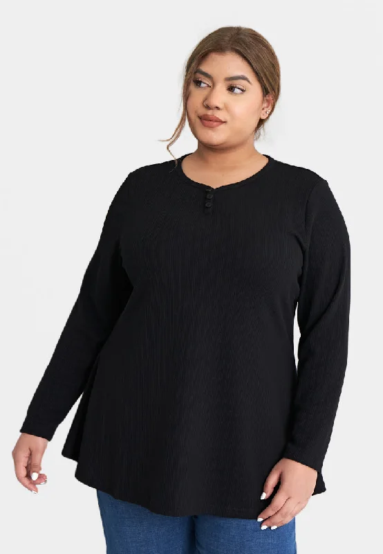 Helene Ribbed Henley Tee - Black