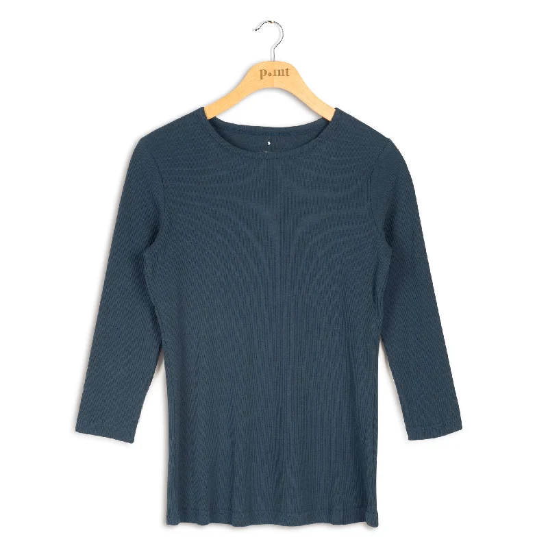 Point Ribbed 3/4 Sleeve Crewneck Top