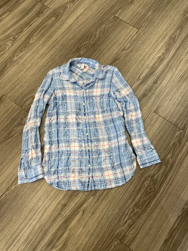 Blouse Long Sleeve By Old Navy In Plaid Pattern, Size: Xs