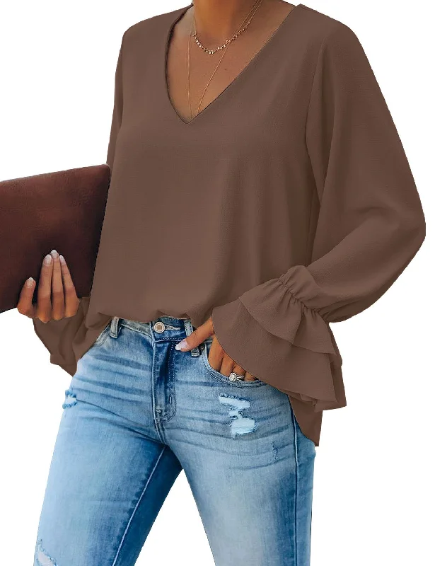 Coffee Ruffle Cuff Long Sleeves V-Neck Blouse