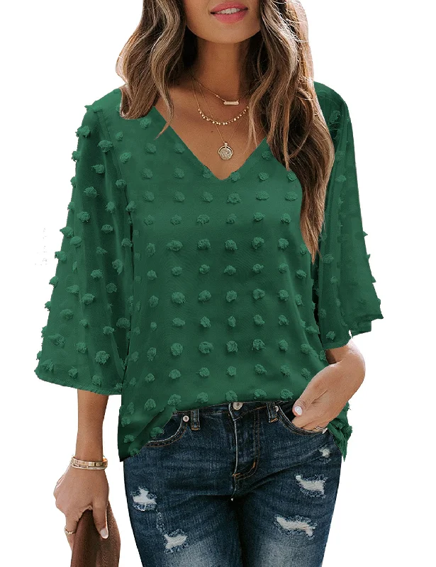 Women's Casual V Neck Bell Sleeve Blouse Pom Pom Loose Shirt Top