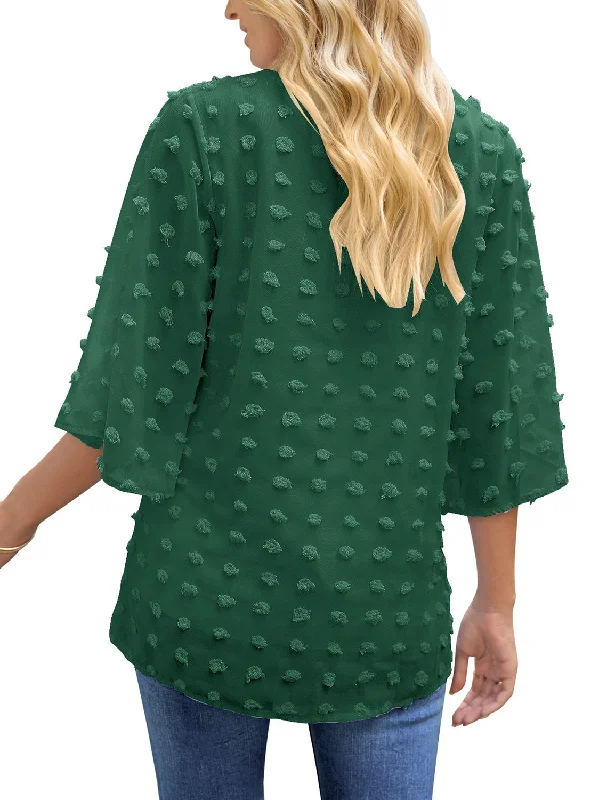 Women's Casual V Neck Bell Sleeve Blouse Pom Pom Loose Shirt Top