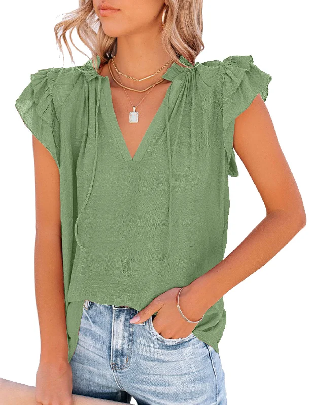 Women's Casual V Neck Short Tiered Ruffle Cap Sleeve Loose Blouses