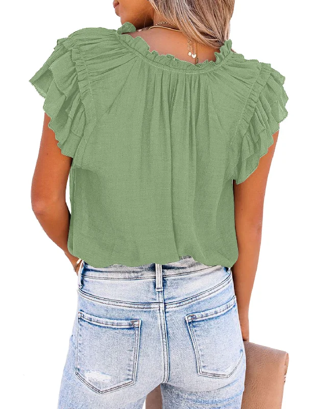 Women's Casual V Neck Short Tiered Ruffle Cap Sleeve Loose Blouses