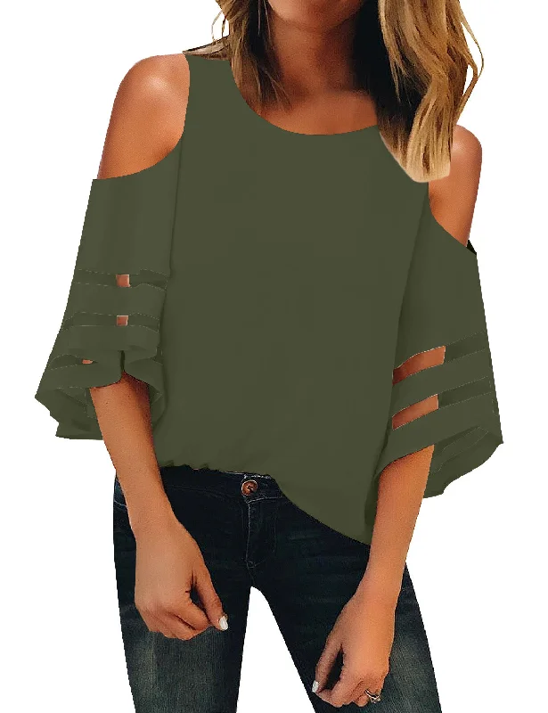 Women's Cold Shoulder Loose Shirt Tops 3/4 Bell Mesh Sleeve Blouse