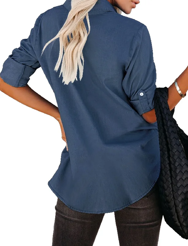 Women's Long Sleeve Collared Shirt Button Down Denim Blouse Tops