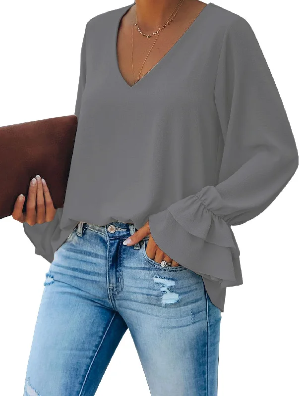 Grey Ruffle Cuff Long Sleeves V-Neck Blouse