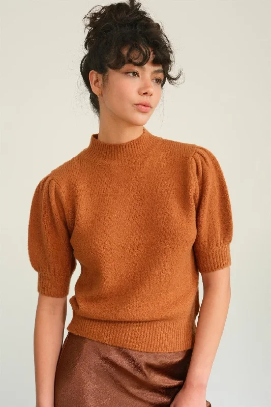 Mock Neck Puff Sleeve Sweater - Chocolate