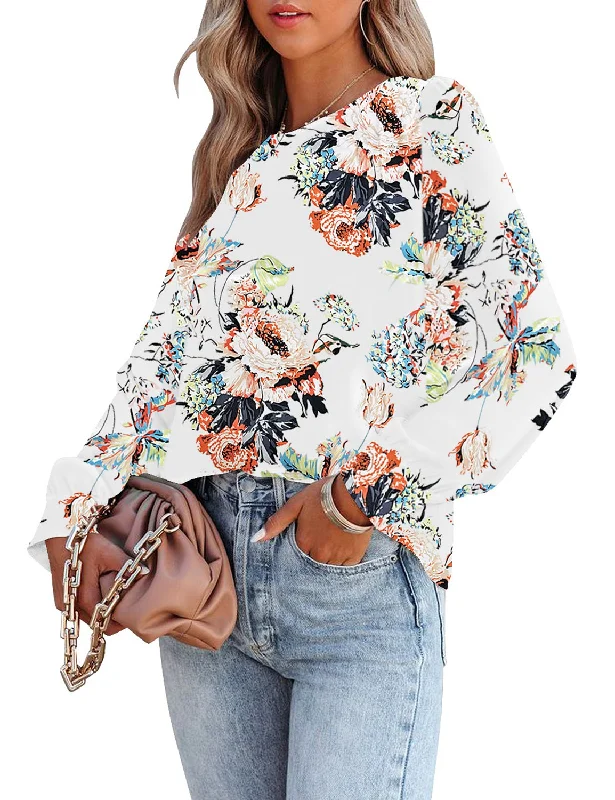 Women's Casual Blouse Crewneck Long Sleeve Flowy Basic Tops Shirt