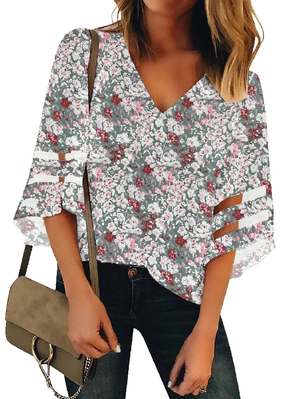 Women's V Neck Shirt Printed Top 3/4 Bell Sleeve Mesh Panel Blouse